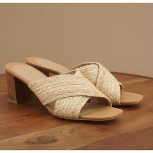 Lauren Ralph Lauren Womens Freddi Slide Sandals Block Heel Wicker Beige Size 10B